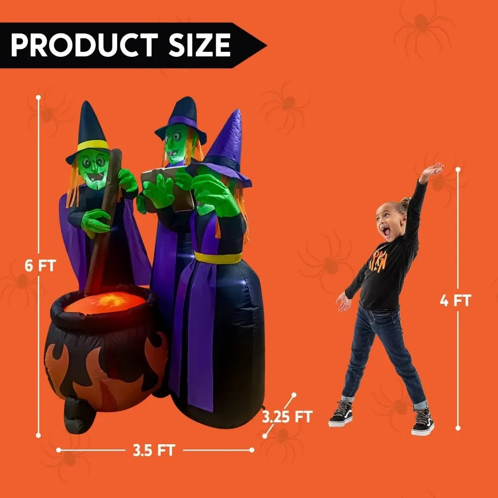 6 FT Tall Halloween Inflatables Three Witch Around Cauldron with Flame Light Inflatable Yard Decoration