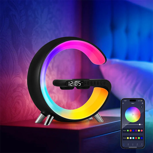 G Shaped LED Lamp Bluetooth Speaker Wireless Charger Atmosphere Lamp New Intelligent App Control Alarm Clock For Bedroom Decor