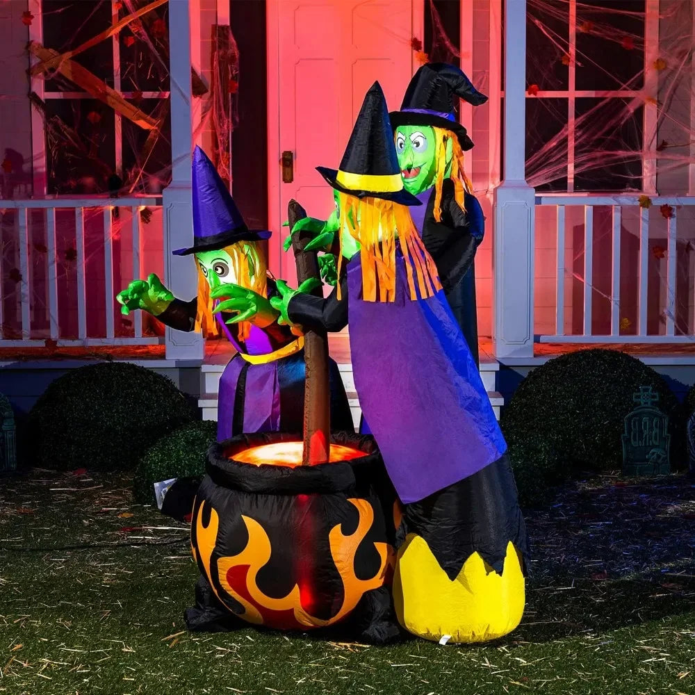 6 FT Tall Halloween Inflatables Three Witch Around Cauldron with Flame Light Inflatable Yard Decoration