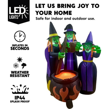 6 FT Tall Halloween Inflatables Three Witch Around Cauldron with Flame Light Inflatable Yard Decoration