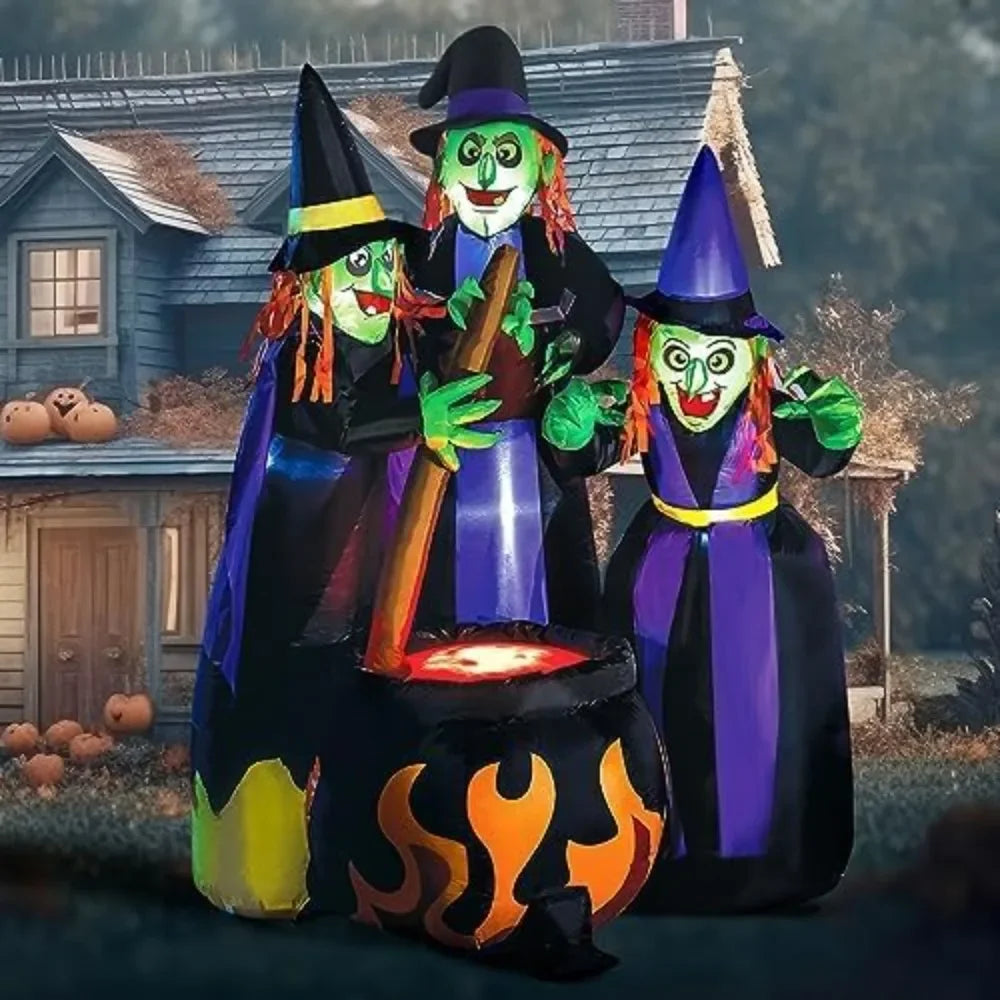 6 FT Tall Halloween Inflatables Three Witch Around Cauldron with Flame Light Inflatable Yard Decoration