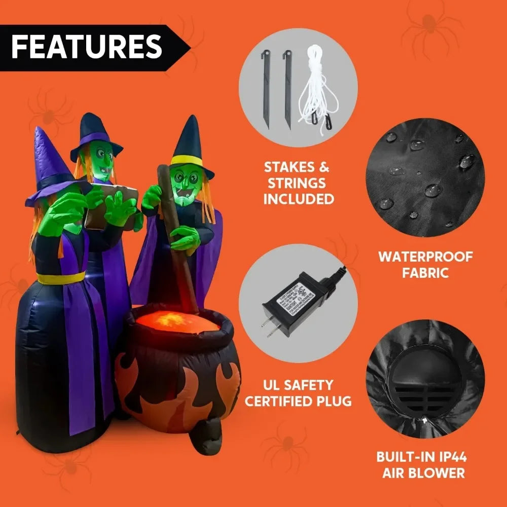 6 FT Tall Halloween Inflatables Three Witch Around Cauldron with Flame Light Inflatable Yard Decoration