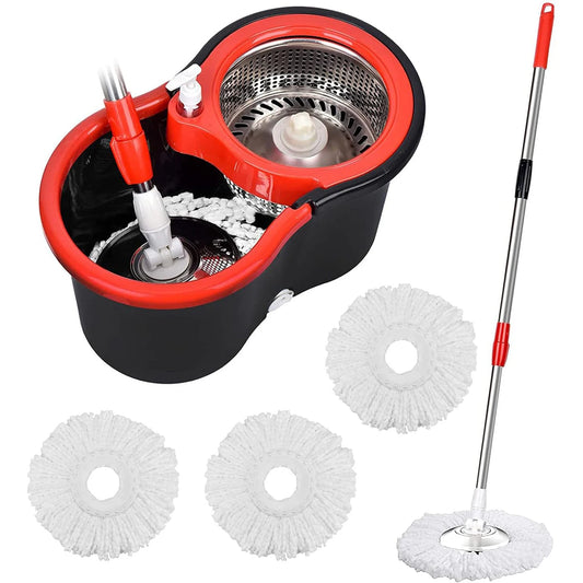 360° Spin Mop Bucket Sets with Wringing System, 3 Microfiber Heads, Stainless Steel Basket 61" Extended Handle 5-8 Day Shipping